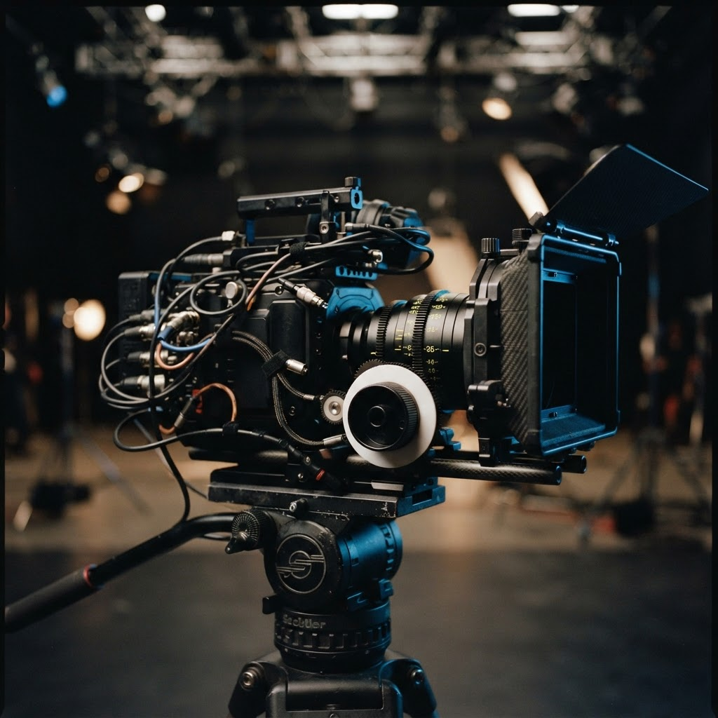 A professional cinema camera rig on a film set