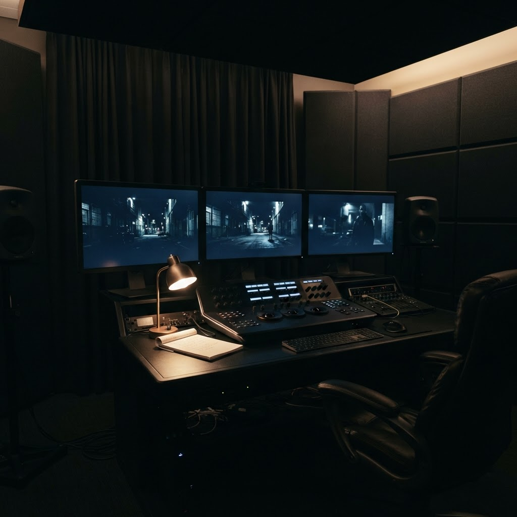 A professional post-production color-grading suite at night