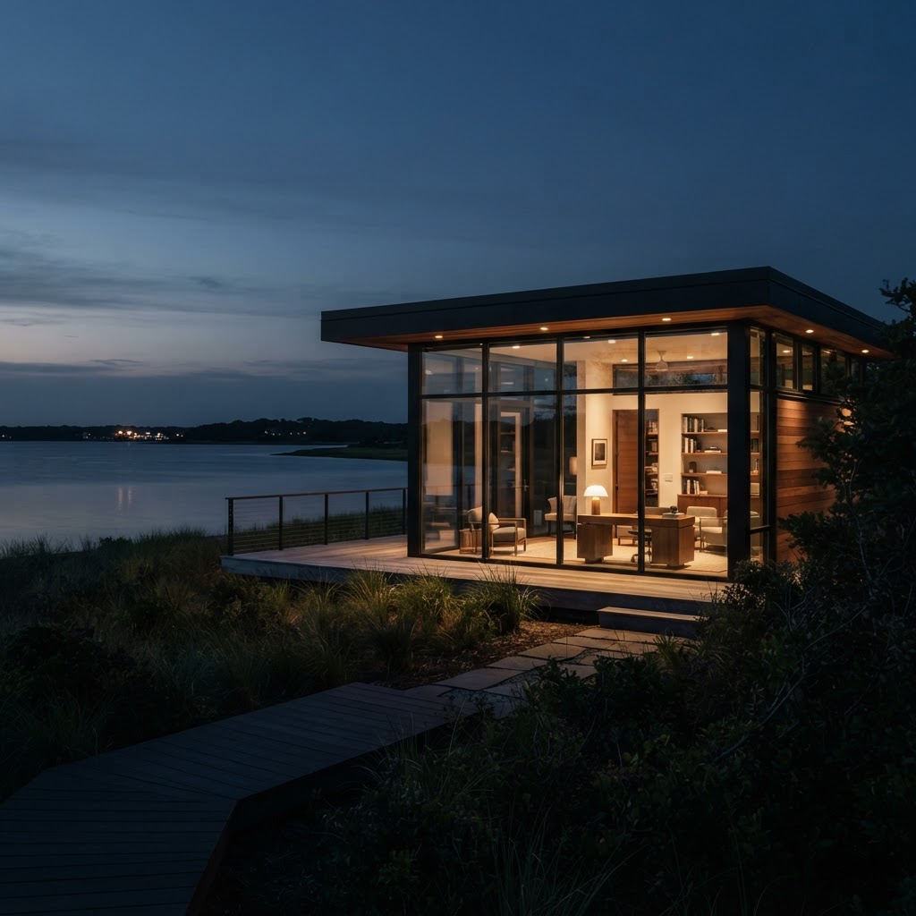 A modern creative-studio building along the New Jersey shore at blue hour
